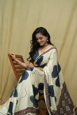 Red Ajrakh Print Tissue Pallu Modal Saree | Jabbar Khatri